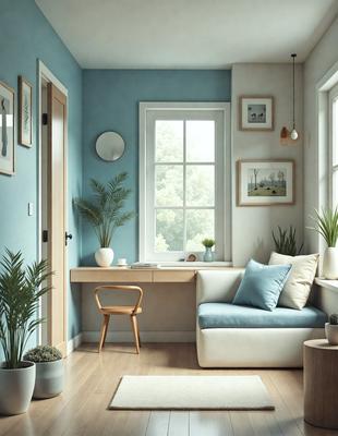 The primary subject of the image is a living room with a blue wall and a white couch. The setting is a cozy and inviting space, with a window providing natural light. The visual style is a realistic, photographic representation of the room. The colors and mood are predominantly blue and white, creating a calm and serene atmosphere.